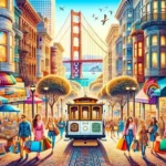 Imagen representativa del blog mostrando el paisaje icónico de San Francisco mezclado con elementos de compras, incluyendo el Puente Golden Gate y calles bulliciosas con tiendas diversas