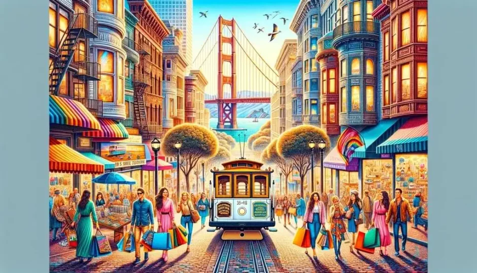 Imagen representativa del blog mostrando el paisaje icónico de San Francisco mezclado con elementos de compras, incluyendo el Puente Golden Gate y calles bulliciosas con tiendas diversas