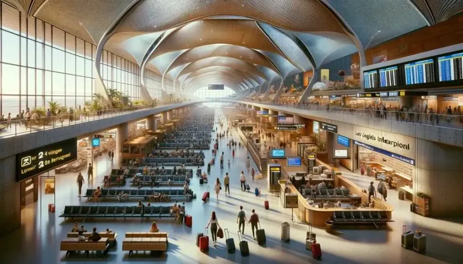 Interior del terminal del Aeropuerto Internacional de Los Ángeles con pasajeros, tiendas y mostradores de aerolíneas