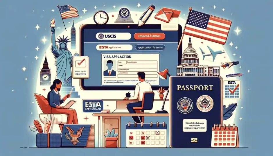 Ilustración informativa sobre el proceso de solicitud de visa y ESTA para Estados Unidos, incluyendo íconos de la Estatua de la Libertad, el Capitolio, y documentación relevante