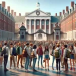 Grupo de estudiantes diversos de pie en la entrada de la Universidad de Harvard, simbolizando la inclusión y la excelencia académica