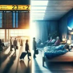 Representación artística del jet lag mostrando un aeropuerto bullicioso y una persona insomne en su habitación, destacando la confusión y el cansancio