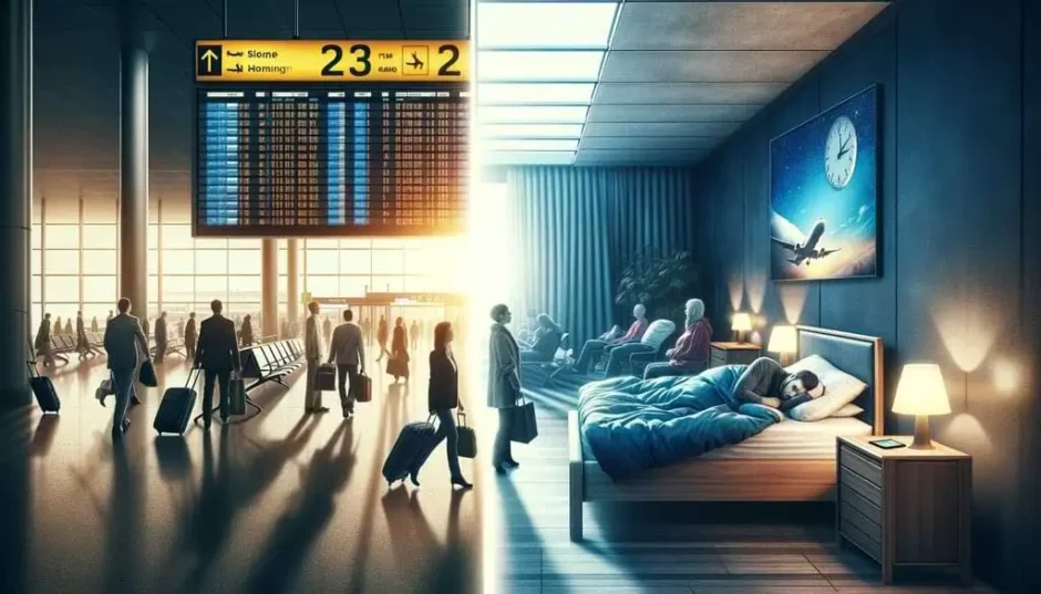 Representación artística del jet lag mostrando un aeropuerto bullicioso y una persona insomne en su habitación, destacando la confusión y el cansancio