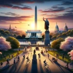 Imagen panorámica al amanecer de Washington D.C. mostrando el Monumento a Lincoln, el Monumento a Washington, cerezos en flor, turistas en bicicleta y la cúpula del Capitolio