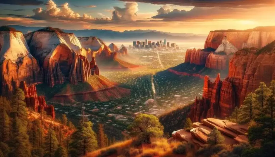 Escena panorámica que muestra la diversidad de Utah, desde los majestuosos acantilados rojos de Zion y las peculiares formaciones de Bryce Canyon hasta el horizonte urbano de Salt Lake City