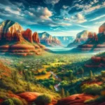 Vista panorámica de Sedona, Arizona, con formaciones rocosas rojas, vegetación verde y cielo azul claro, reflejando su belleza y energía espiritual única