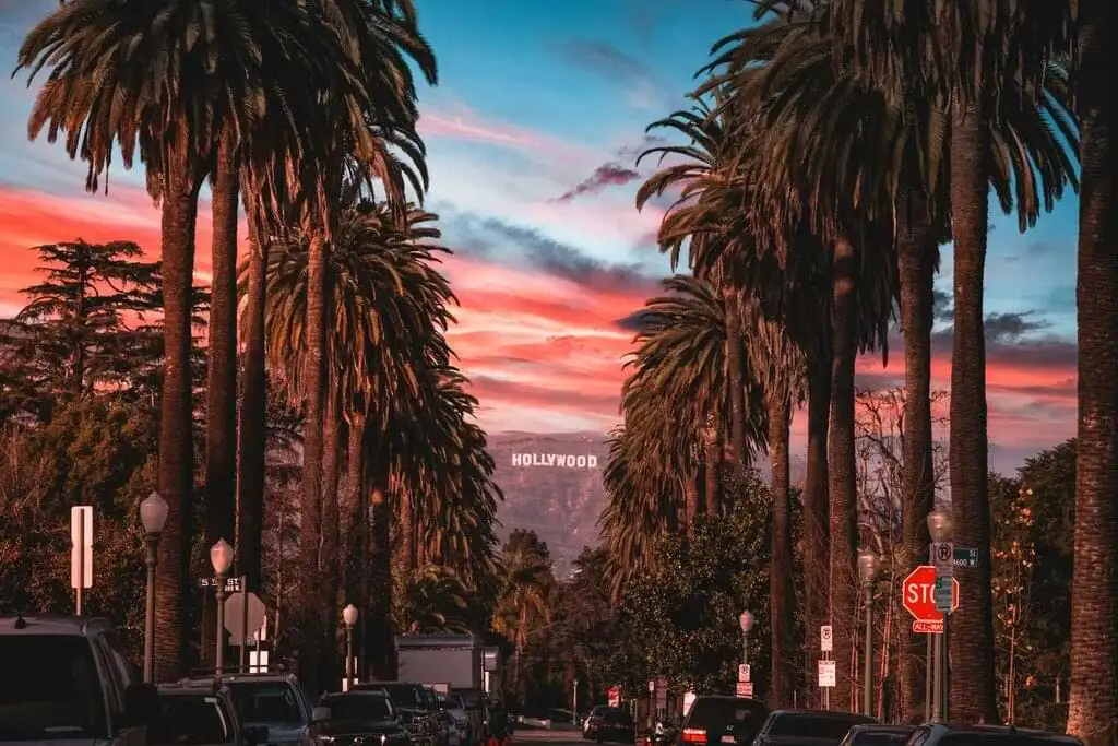 Vista del amanecer en Hollywood con el icónico letrero 'HOLLYWOOD' al fondo, enmarcado por altas palmeras a ambos lados de la calle. El cielo presenta colores rosados y azules, y la calle está llena de autos y señales de tráfico