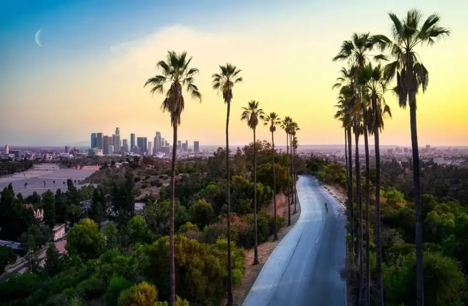 Vista panorámica al atardecer de Los Ángeles, mostrando una carretera flanqueada por altas palmeras, con el centro de la ciudad en el horizonte bajo un cielo despejado y un pequeño cuarto creciente de luna visible